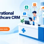 Operational healthcare CRM complete guide blog banner with patient and referral workflow illustration