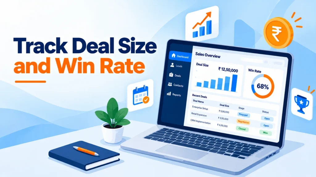 Illustration of a CRM dashboard showing average deal size and win rate tracking