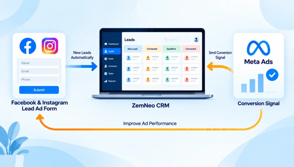 Two way CRM sync diagram showing lead ads flowing into ZemNeo and conversion signal flowing back to Meta
