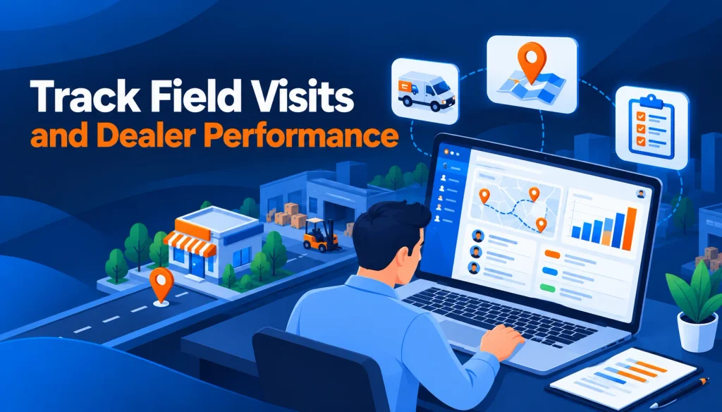 Illustration of a CRM dashboard showing field sales visits and dealer performance reports