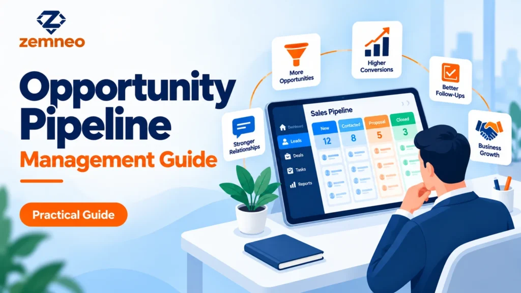 Opportunity pipeline management guide banner showing sales pipeline stages icon diagram