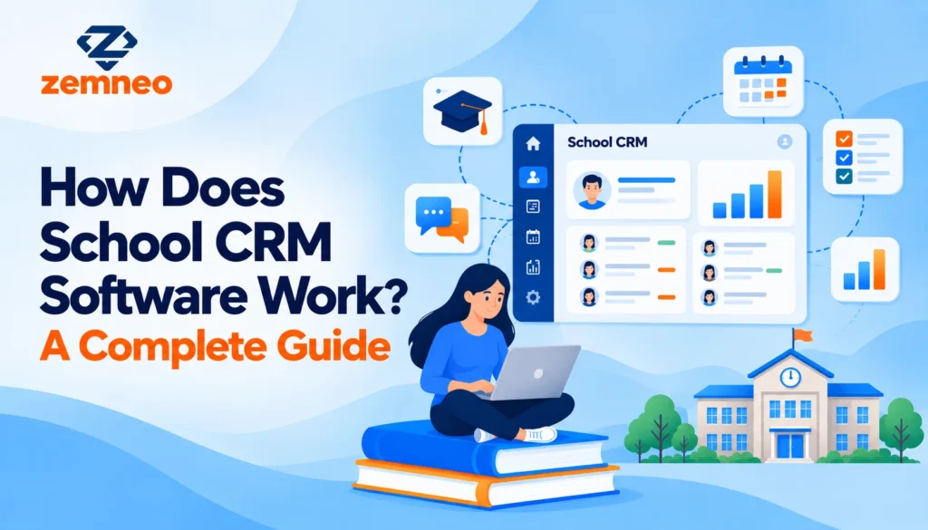 School CRM software guide banner showing admission inquiry and student tracking