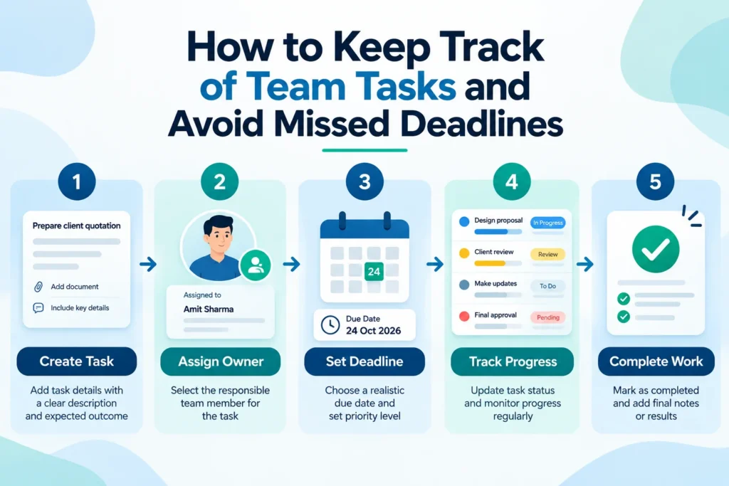 Task tracking workflow showing task creation, ownership, deadlines, progress, and completion